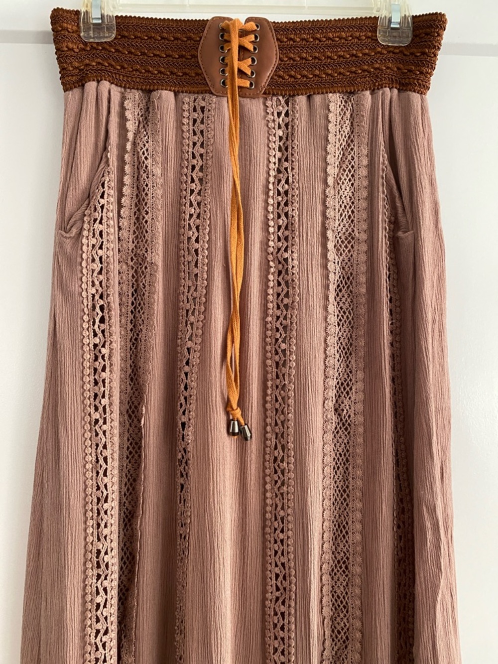 Festival Crochet-Trim Maxi Skirt in Brown/Dusty Rose Color